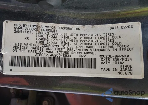 2002 Toyota Highlander V6 z USA, uszkodzony, nr VIN JTEGF21A820046934